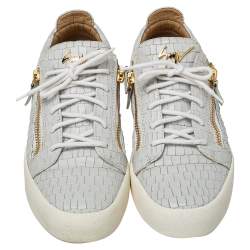 Pre Owned Giuseppe Zanotti Grey/White Leather Double Zip Low Top Sneakers Size 43
