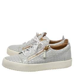 Pre Owned Giuseppe Zanotti Grey/White Leather Double Zip Low Top Sneakers Size 43