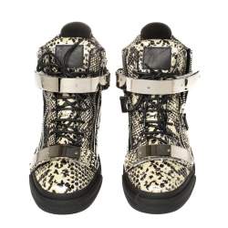 Pre Owned Giuseppe Zanotti Black/Cream Python Embossed Leather Coby High Top Sneakers Size 44