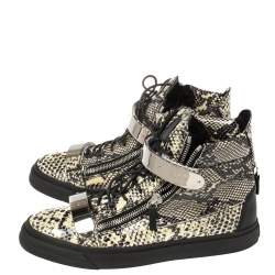 Pre Owned Giuseppe Zanotti Black/Cream Python Embossed Leather Coby High Top Sneakers Size 44