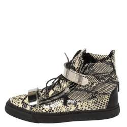 Pre Owned Giuseppe Zanotti Black/Cream Python Embossed Leather Coby High Top Sneakers Size 44