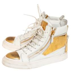 Giuseppe Zanotti White Leather Metal Embellished Double Chain High Top Sneakers Size 39