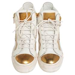 Giuseppe Zanotti White Leather Metal Embellished Double Chain High Top Sneakers Size 39