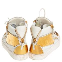 Giuseppe Zanotti White Leather Metal Embellished Double Chain High Top Sneakers Size 39