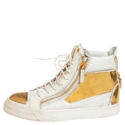 Giuseppe Zanotti White Leather Metal Embellished Double Chain High Top Sneakers Size 39