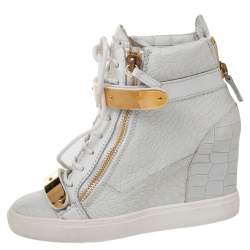 Giuseppe Zanotti White Croc Embossed And Leather Lorenz Wedge High Top Sneakers Size 38
