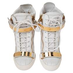 Giuseppe Zanotti White Croc Embossed And Leather Lorenz Wedge High Top Sneakers Size 38