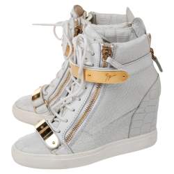 Giuseppe Zanotti White Croc Embossed And Leather Lorenz Wedge High Top Sneakers Size 38
