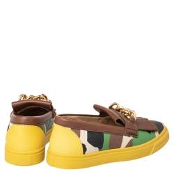 Giuseppe Zanotti Multicolor Camouflage Leather Fringed Chain Detail Slip On Sneakers Size 39
