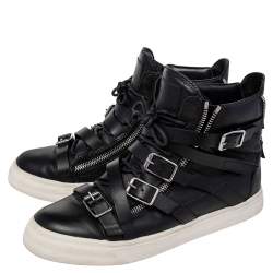 Pre Owned Giuseppe Zanotti Black Leather Buckle Detail High Top Sneakers Size 44