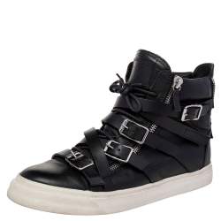 Pre Owned Giuseppe Zanotti Black Leather Buckle Detail High Top Sneakers Size 44