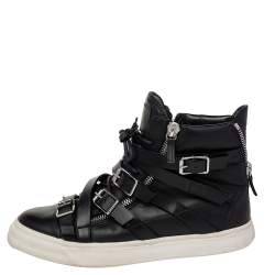 Pre Owned Giuseppe Zanotti Black Leather Buckle Detail High Top Sneakers Size 44