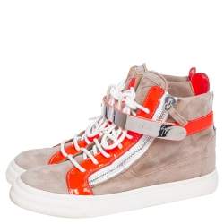 Giuseppe Zanotti Beige/Neon Orange Patent Leather and Suede Double Bar High Top Sneakers Size 38.5