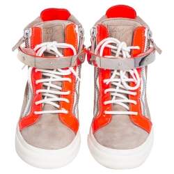 Giuseppe Zanotti Beige/Neon Orange Patent Leather and Suede Double Bar High Top Sneakers Size 38.5