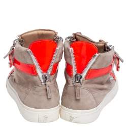 Giuseppe Zanotti Beige/Neon Orange Patent Leather and Suede Double Bar High Top Sneakers Size 38.5