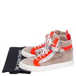 Giuseppe Zanotti Beige/Neon Orange Patent Leather and Suede Double Bar High Top Sneakers Size 38.5