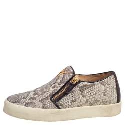 Pre Owned Gluseppe Zanotti Beige Snakeskin Embossed Leather Zip Detail Slip-on Sneakers Size 42.5