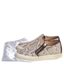 Pre Owned Gluseppe Zanotti Beige Snakeskin Embossed Leather Zip Detail Slip-on Sneakers Size 42.5