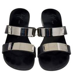 Pre Owned Guiseppe Zanotti Black Leather Slide Sandals Size 41.5