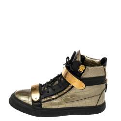 Giuseppe Zanotti Metallic Green Croc Embossed Leather Coby High Top Sneakers Size 40.5