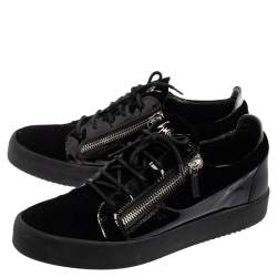 Pre Owned Giuseppe Zanotti Black Patent Leather and Velvet Low Top Sneakers Size 45