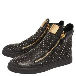 Giuseppe Zanotti Black  Leather Metal Studded Accent High Top Sneakers Size 42