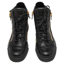Pre Owned Giuseppe Zanotti Black-Blue Croc Embossed Leather London High Top Sneakers Size 42
