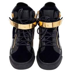 Giuseppe Zanotti Navy Blue/Black Velvet and Leather Coby High Top Sneakers Size 43