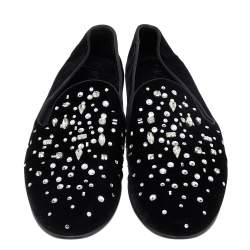 Pre Owned Giuseppe Zanotti Black Velvet Crystal Embellished Smoking Slippers Size 46