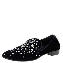 Pre Owned Giuseppe Zanotti Black Velvet Crystal Embellished Smoking Slippers Size 46