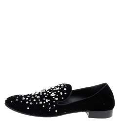 Pre Owned Giuseppe Zanotti Black Velvet Crystal Embellished Smoking Slippers Size 46