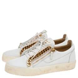 Pre Owned Giuseppe Zanotti White Leather Chain Detail Frankie Low Top Sneakers Size 44