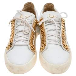 Pre Owned Giuseppe Zanotti White Leather Chain Detail Frankie Low Top Sneakers Size 44