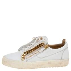 Pre Owned Giuseppe Zanotti White Leather Chain Detail Frankie Low Top Sneakers Size 44