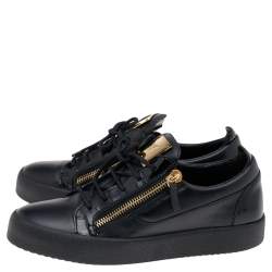 Giuseppe Zanotti Black Leather and Patent Double Zipper Low Top Sneakers Size 42.5