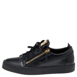 Giuseppe Zanotti Black Leather and Patent Double Zipper Low Top Sneakers Size 42.5