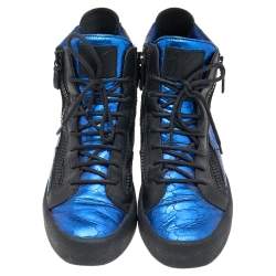 Giuseppe Zanotti Metallic Blue Python Embossed Leather Double Zip High Top Sneakers Size 43