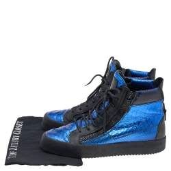 Giuseppe Zanotti Metallic Blue Python Embossed Leather Double Zip High Top Sneakers Size 43