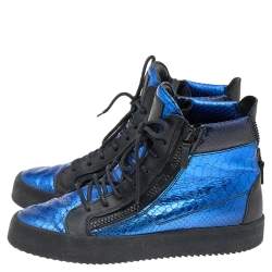 Giuseppe Zanotti Metallic Blue Python Embossed Leather Double Zip High Top Sneakers Size 43
