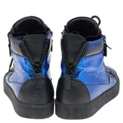 Giuseppe Zanotti Metallic Blue Python Embossed Leather Double Zip High Top Sneakers Size 43