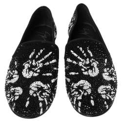 Pre Owned Giuseppe Zanotti Black Crystal Embellished Hand Print Suede Smoking Slippers Size 41.5
