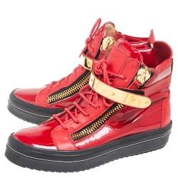 Pre Owned Giuseppe Zanotti Red Patent And Leather Kriss Steel Sneakers Size 38.5
