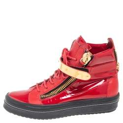 Pre Owned Giuseppe Zanotti Red Patent And Leather Kriss Steel Sneakers Size 38.5