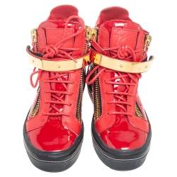 Pre Owned Giuseppe Zanotti Red Patent And Leather Kriss Steel Sneakers Size 38.5