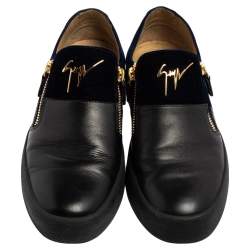 Pre Owned Giuseppe Zanotti Black/Dark Blue Leather and Velvet Adam Slip-On Sneakers Size 43