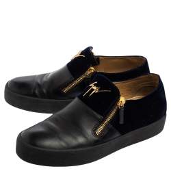 Pre Owned Giuseppe Zanotti Black/Dark Blue Leather and Velvet Adam Slip-On Sneakers Size 43