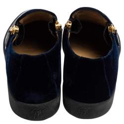 Pre Owned Giuseppe Zanotti Black/Dark Blue Leather and Velvet Adam Slip-On Sneakers Size 43