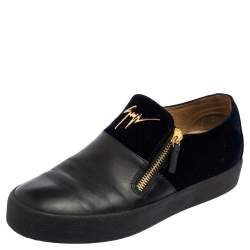 Pre Owned Giuseppe Zanotti Black/Dark Blue Leather and Velvet Adam Slip-On Sneakers Size 43