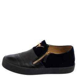 Pre Owned Giuseppe Zanotti Black/Dark Blue Leather and Velvet Adam Slip-On Sneakers Size 43