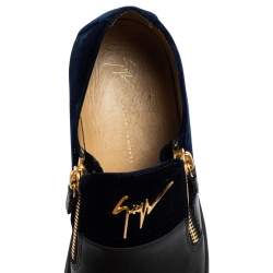 Pre Owned Giuseppe Zanotti Black/Dark Blue Leather and Velvet Adam Slip-On Sneakers Size 43